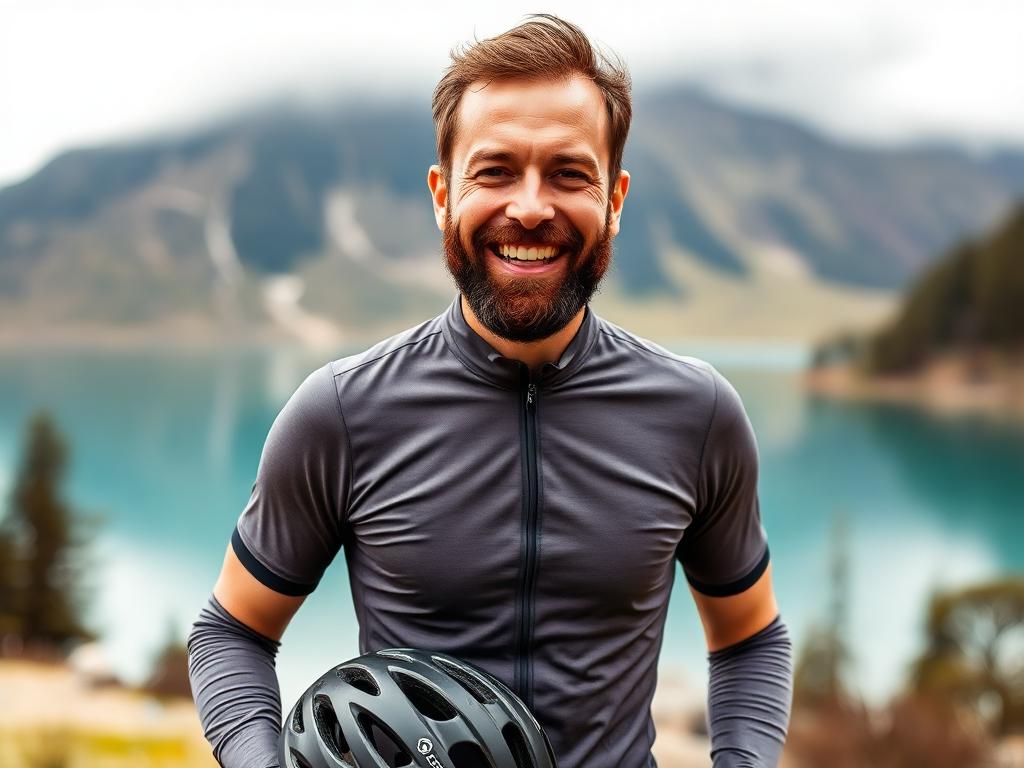Founder portrait — cyclist by a Bavarian lake (AI placeholder)